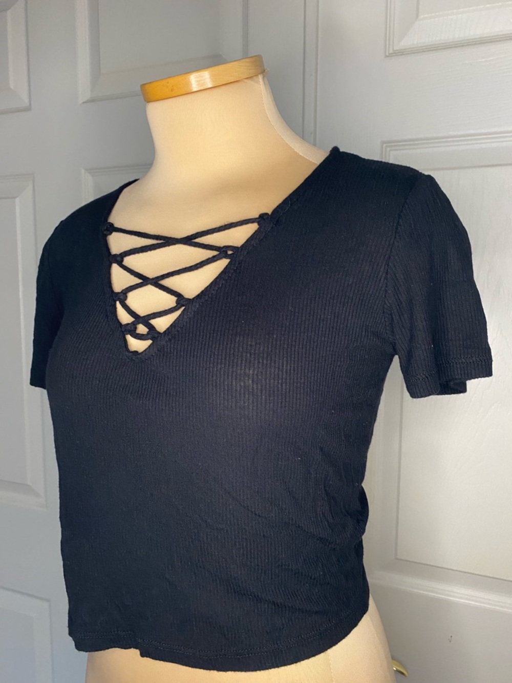 Forever 21 Black Ribbed Lace-Up Cropped Top
